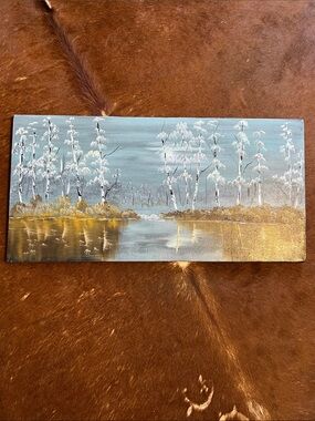 Blue and Gold Birch Lakescape Wall Art, signed by artist Wilson